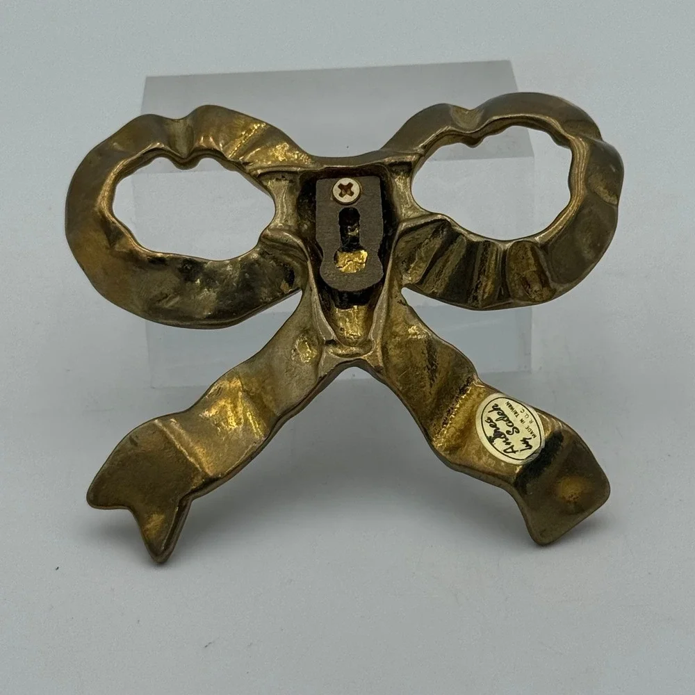 Andrea by Sadek Vintage Brass Bow Wall Hook Hanger Ruffled Ribbon Decor